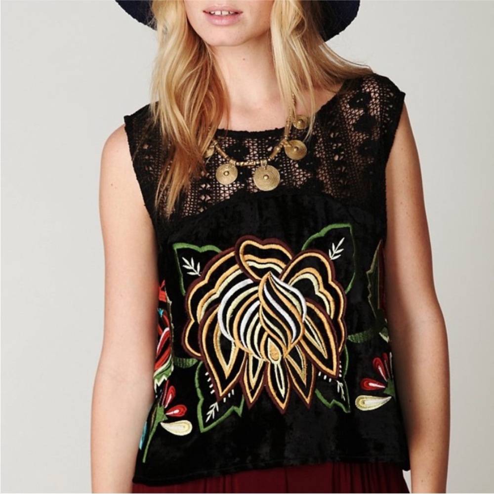 Free People Velvet Embroidered Mesh Neckline Top